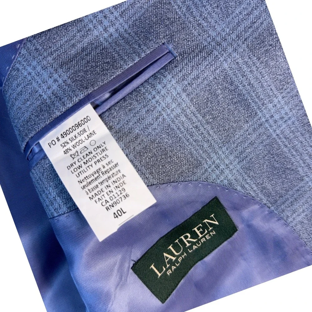 Lauren Ralph Lauren Mens 40L Blue Glen Plaid Silk Wool Blend Blazer Sport Coat